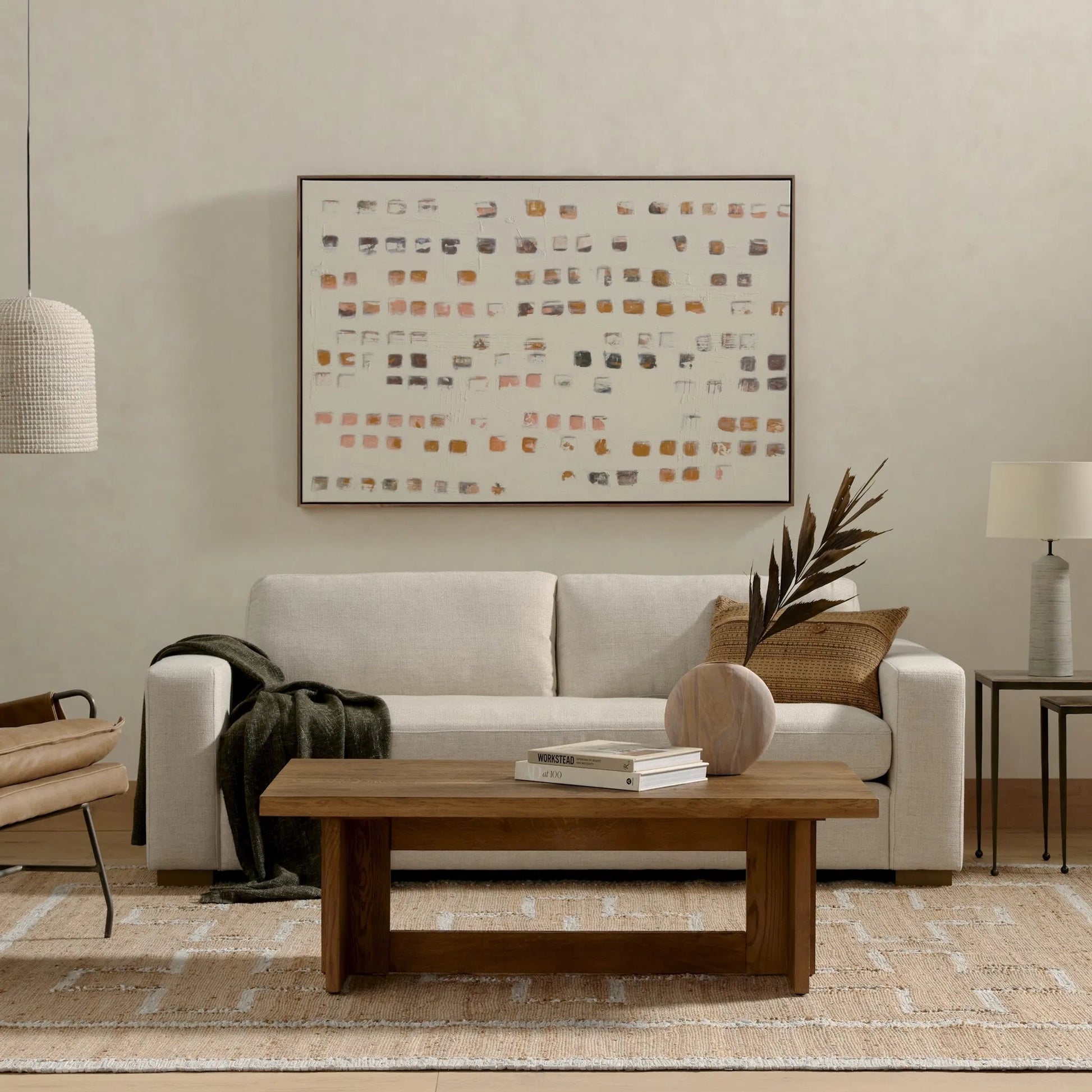 Boone Sofa by Four Hands in washed espresso. Made from 66% polyester, 19% acrylic, 15% flax, linen, solid parawood, 100% polyester in a modern style.