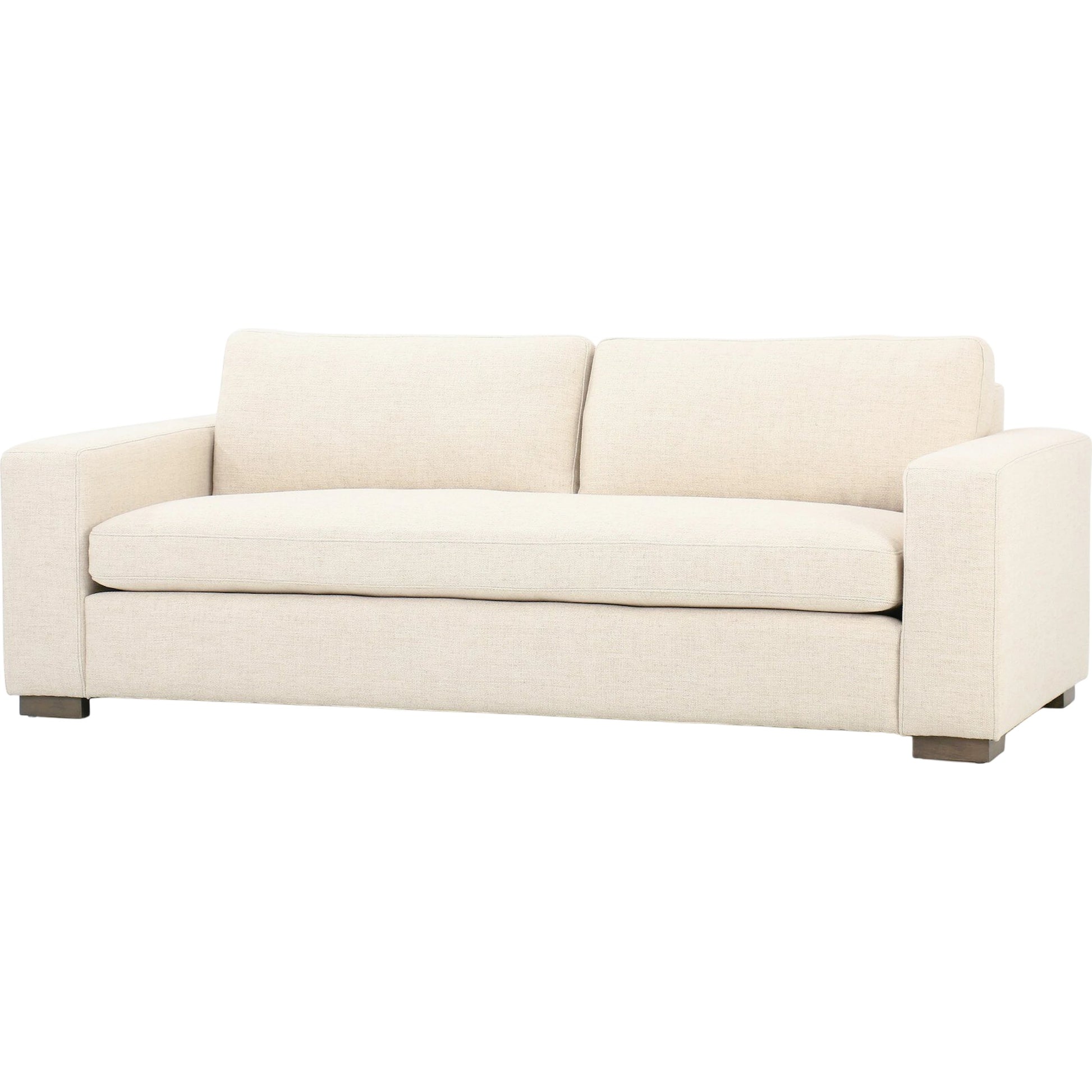 Boone Sofa by Four Hands in washed espresso. Made from 66% polyester, 19% acrylic, 15% flax, linen, solid parawood, 100% polyester in a modern style.