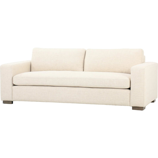 Boone Sofa by Four Hands in washed espresso. Made from 66% polyester, 19% acrylic, 15% flax, linen, solid parawood, 100% polyester in a modern style.