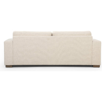 Boone Sofa by Four Hands in washed espresso. Made from 66% polyester, 19% acrylic, 15% flax, linen, solid parawood, 100% polyester in a modern style.