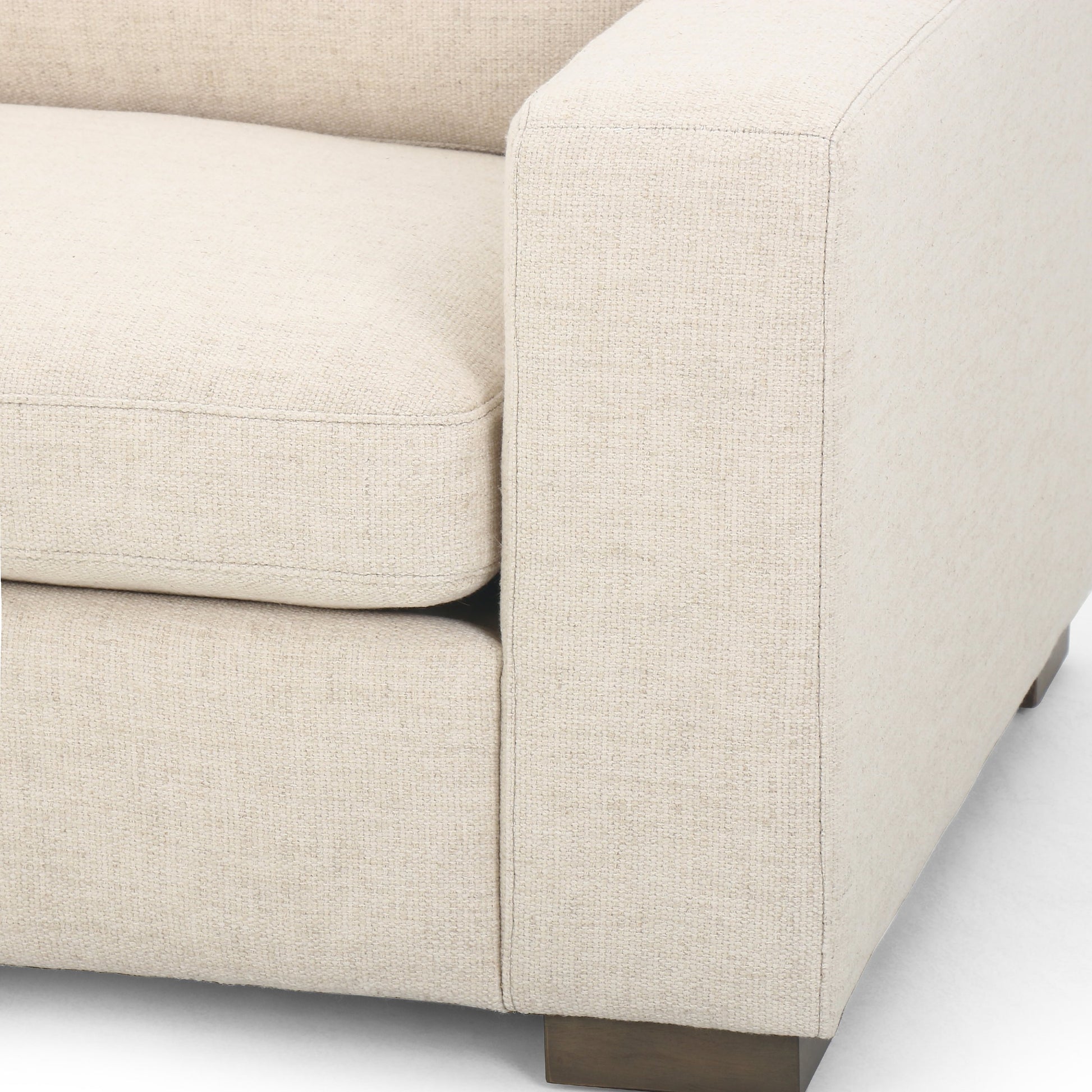 Boone Sofa by Four Hands in washed espresso. Made from 66% polyester, 19% acrylic, 15% flax, linen, solid parawood, 100% polyester in a modern style.