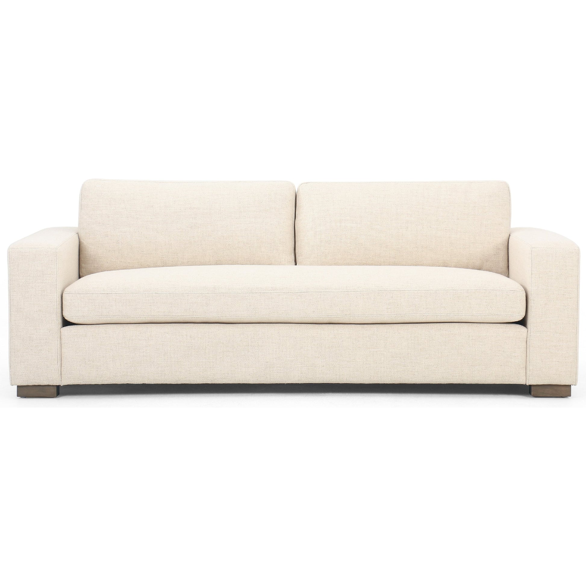 Boone Sofa by Four Hands in washed espresso. Made from 66% polyester, 19% acrylic, 15% flax, linen, solid parawood, 100% polyester in a modern style.
