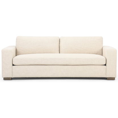 Boone Sofa by Four Hands in washed espresso. Made from 66% polyester, 19% acrylic, 15% flax, linen, solid parawood, 100% polyester in a modern style.