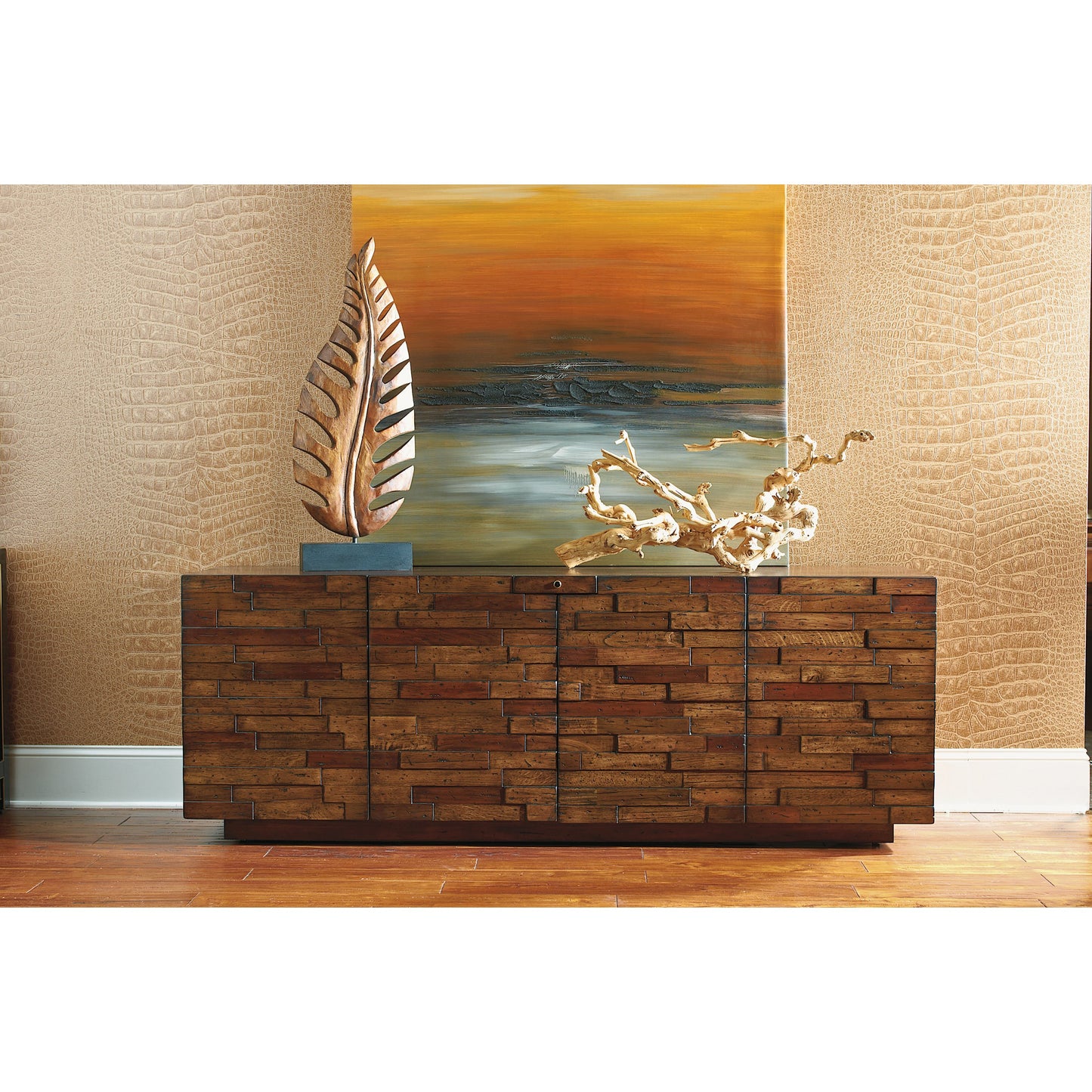 005 SR-835835 | Lifestyle | Criss Cross Media Console by Sligh in multi wood. Made from unique in a modern style.