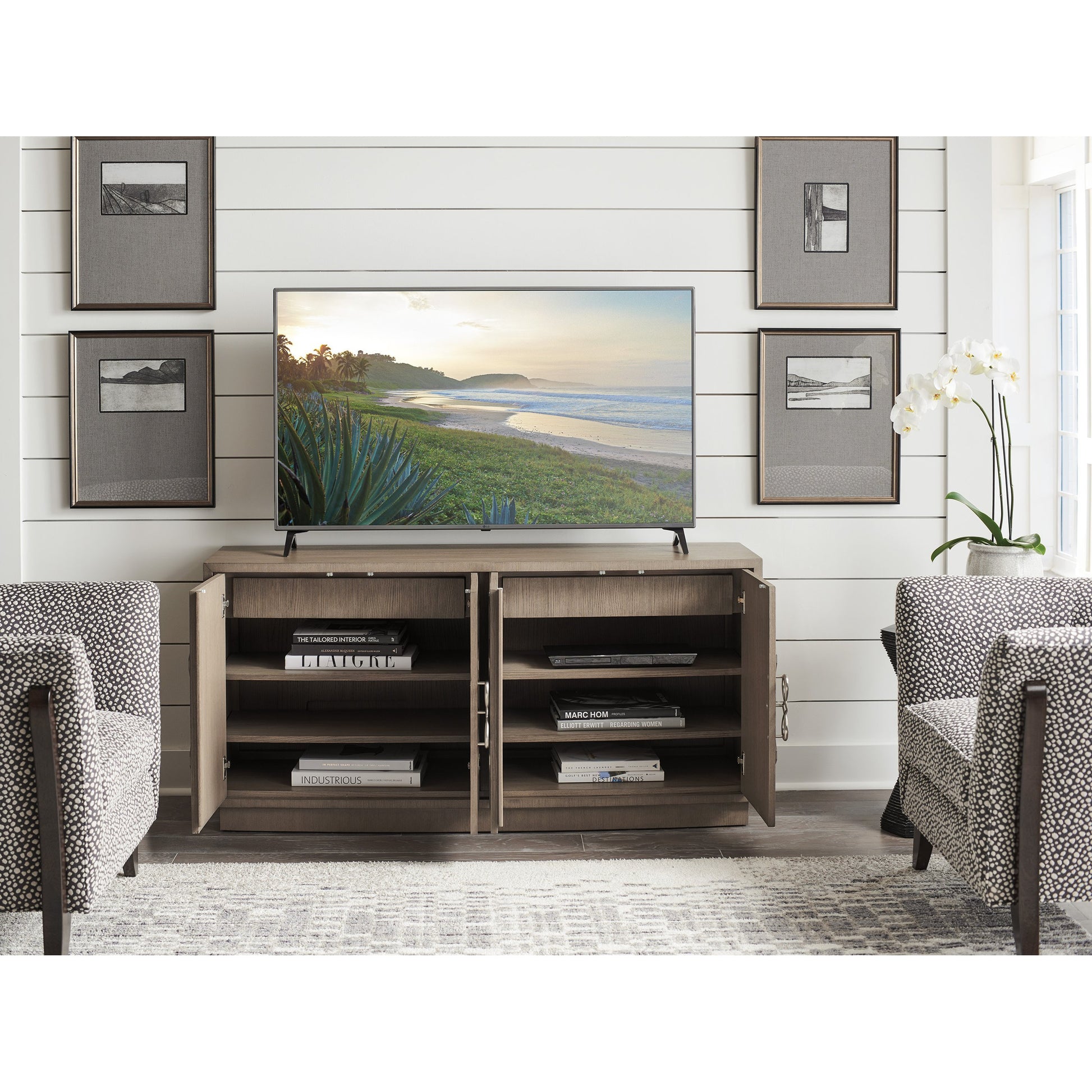 Grove Park Media Console by Sligh in dove gray. Made from unique in a transitional style.