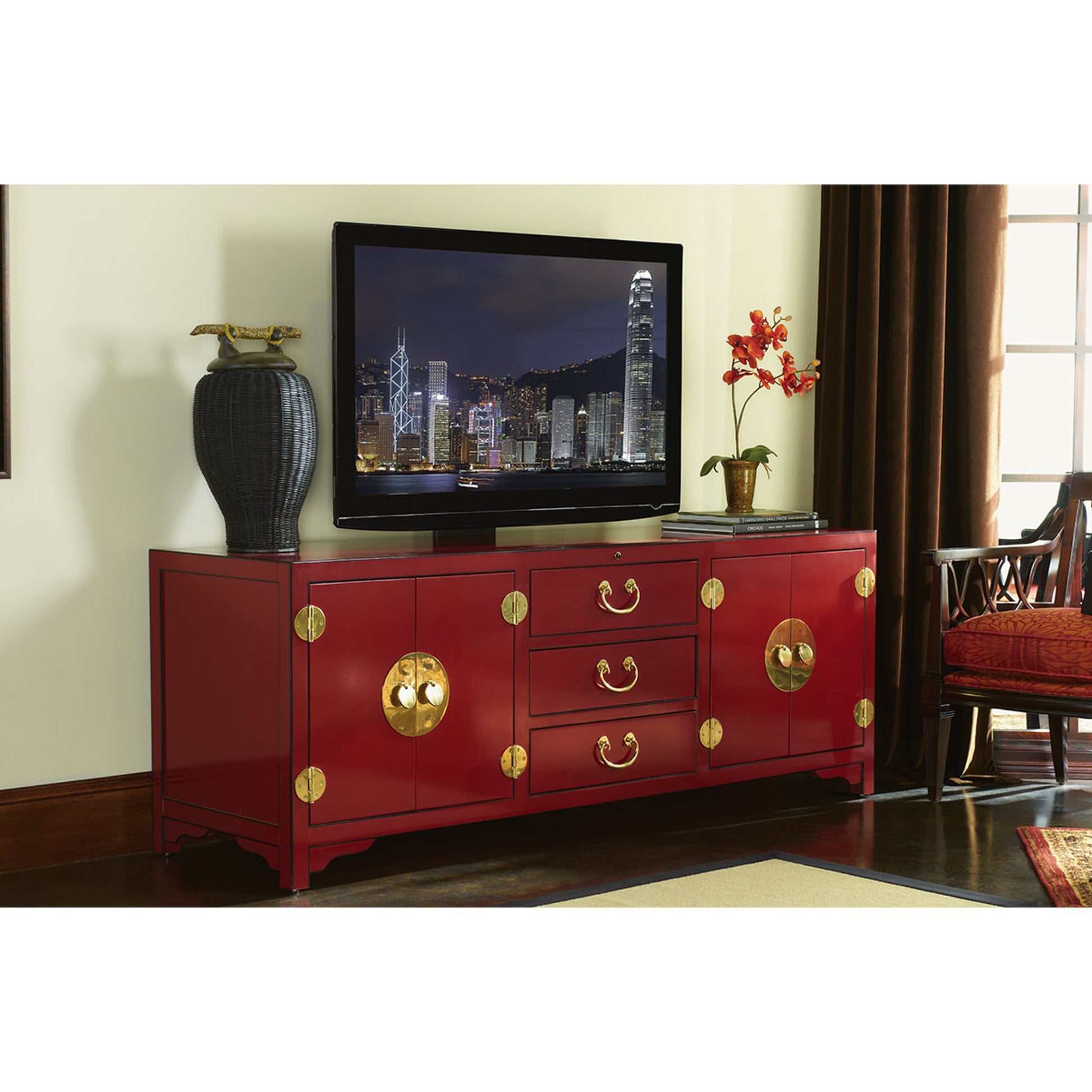 Pacific Isle Media Console by Sligh in red. Made from unique in a eclectic & global style.