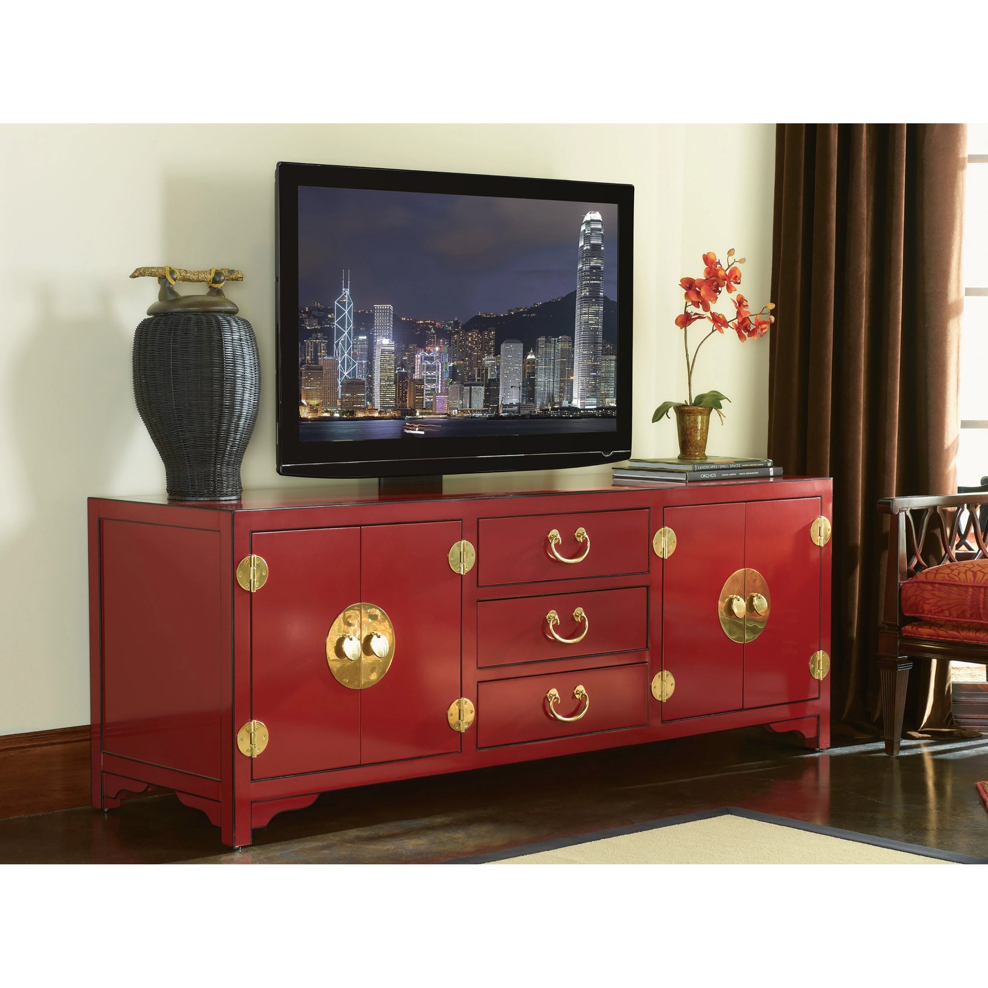 Pacific Isle Media Console by Sligh in red. Made from unique in a eclectic & global style.