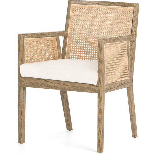 Antonia Cane Dining Arm Chair by Four Hands in natural cane, savile flax and toasted parawood. Made from 92% polyester, 8% flax, linen, solid parawood, cane in a transitional style.