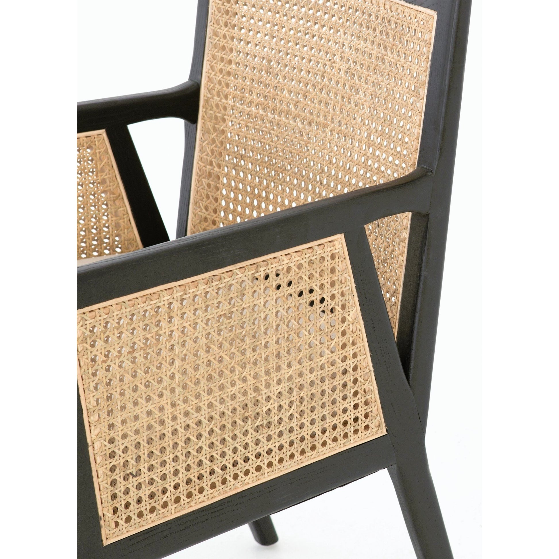 Antonia Cane Dining Armchair by Four Hands in light natural cane, brushed ebony, savile flax. Made from 92% polyester, 8% flax, linen, solid nettlewood, cane in a modern style.