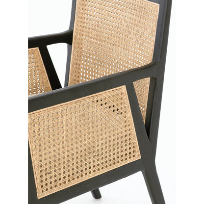 Antonia Cane Dining Armchair by Four Hands in light natural cane, brushed ebony, savile flax. Made from 92% polyester, 8% flax, linen, solid nettlewood, cane in a modern style.