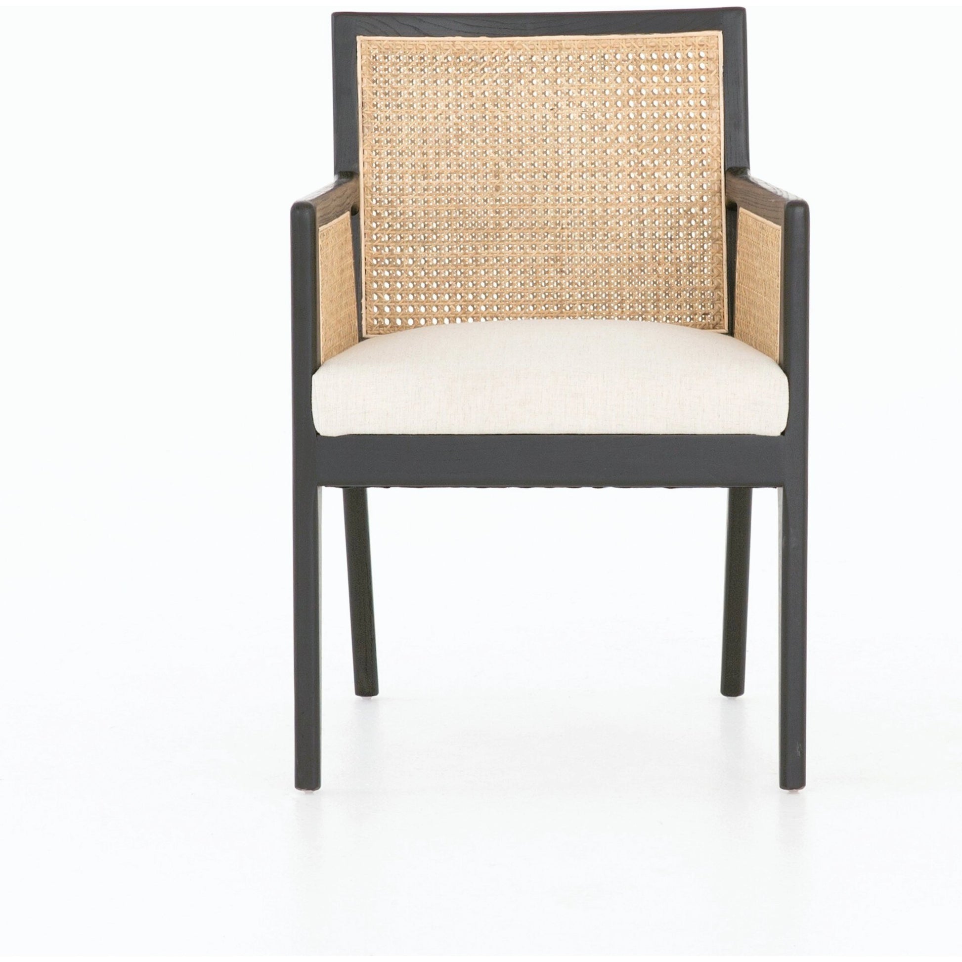 Antonia Cane Dining Armchair by Four Hands in light natural cane, brushed ebony, savile flax. Made from 92% polyester, 8% flax, linen, solid nettlewood, cane in a modern style.