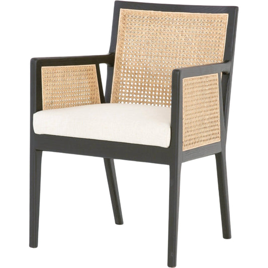 Antonia Cane Dining Armchair by Four Hands in light natural cane, brushed ebony, savile flax. Made from 92% polyester, 8% flax, linen, solid nettlewood, cane in a modern style.
