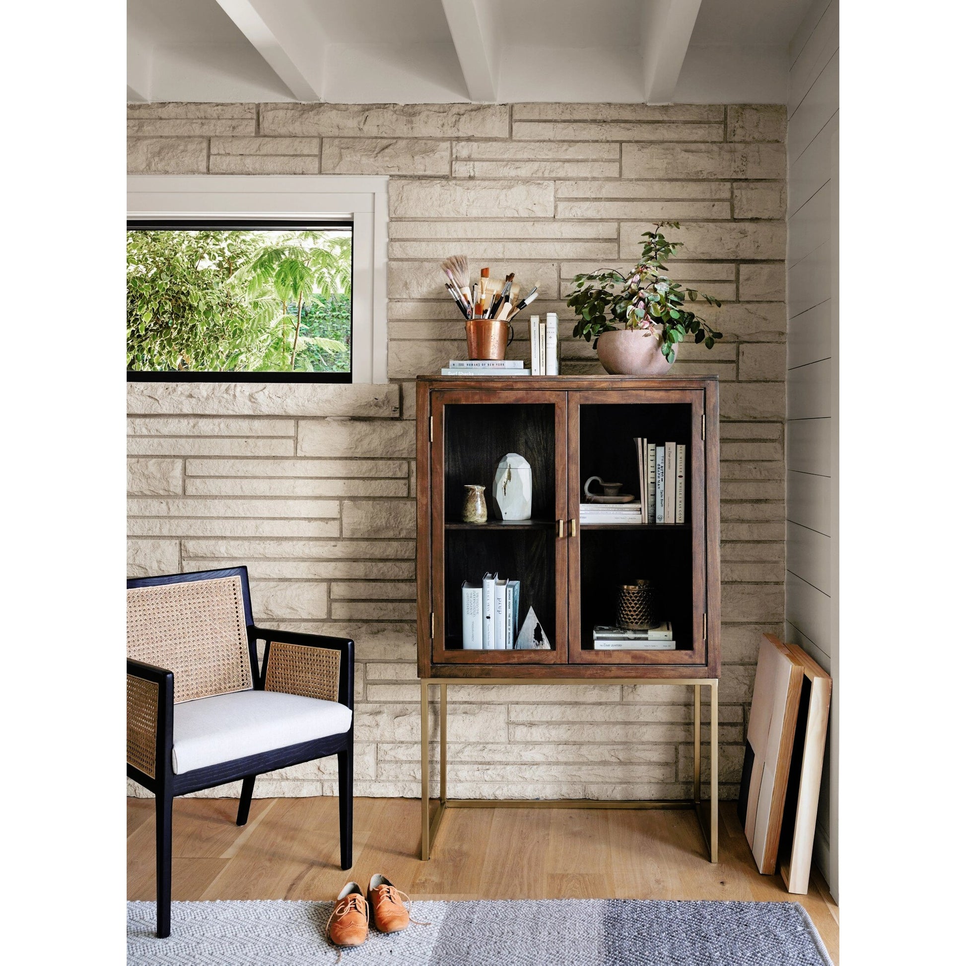 Antonia Cane Dining Armchair by Four Hands in light natural cane, brushed ebony, savile flax. Made from 92% polyester, 8% flax, linen, solid nettlewood, cane in a modern style.