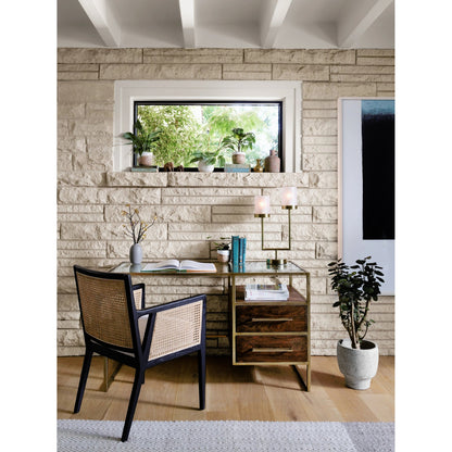 Antonia Cane Dining Armchair by Four Hands in light natural cane, brushed ebony, savile flax. Made from 92% polyester, 8% flax, linen, solid nettlewood, cane in a modern style.