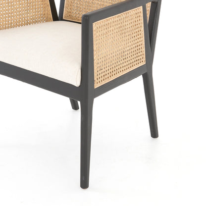 Antonia Cane Dining Armchair by Four Hands in light natural cane, brushed ebony, savile flax. Made from 92% polyester, 8% flax, linen, solid nettlewood, cane in a modern style.