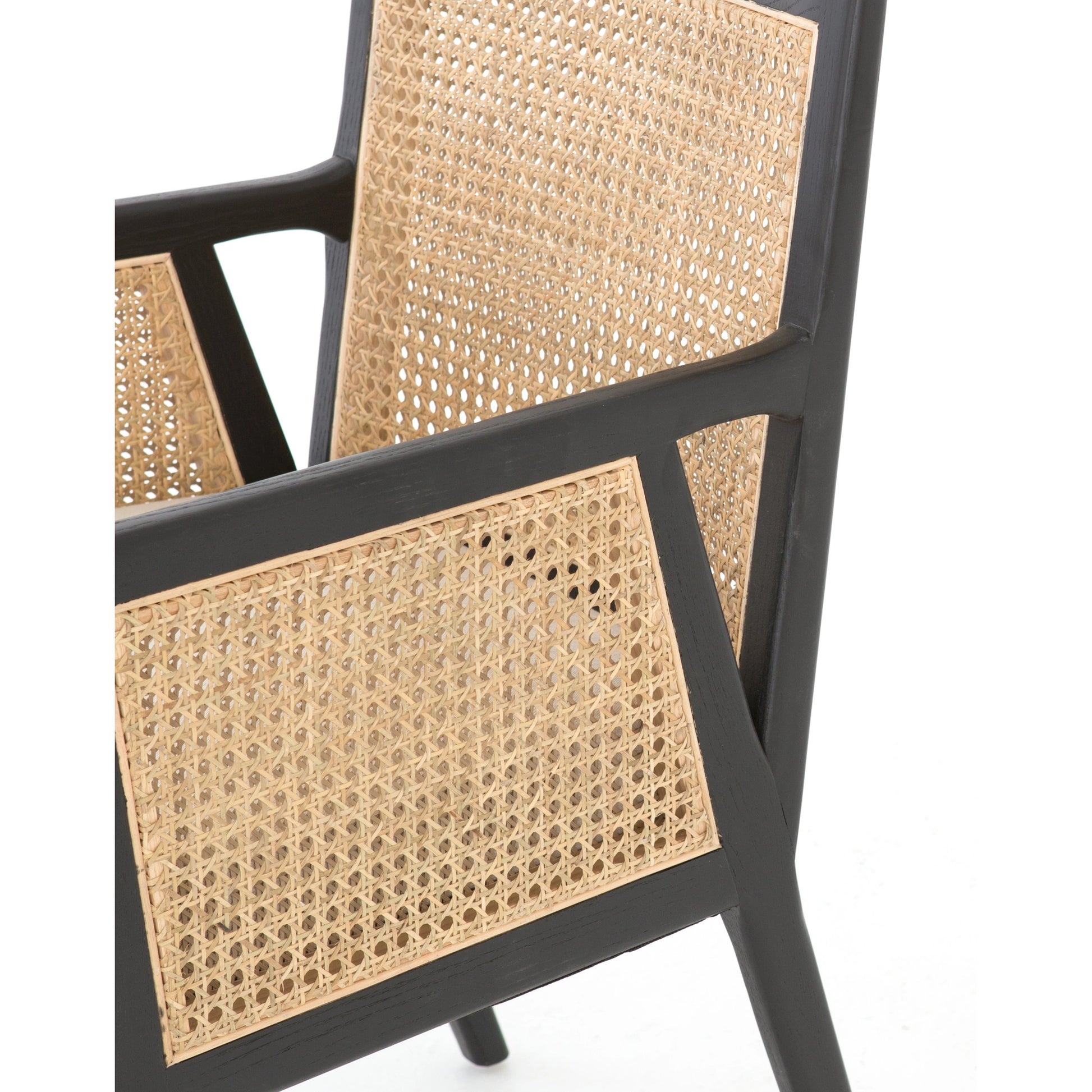 Antonia Cane Dining Armchair by Four Hands in light natural cane, brushed ebony, savile flax. Made from 92% polyester, 8% flax, linen, solid nettlewood, cane in a modern style.