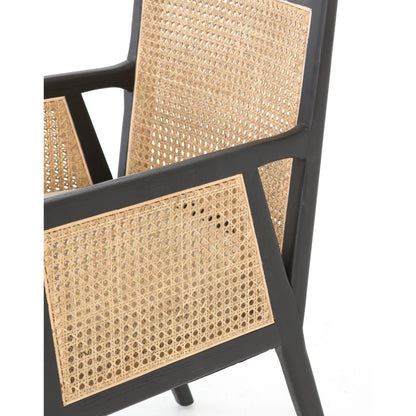 Antonia Cane Dining Armchair by Four Hands in light natural cane, brushed ebony, savile flax. Made from 92% polyester, 8% flax, linen, solid nettlewood, cane in a modern style.