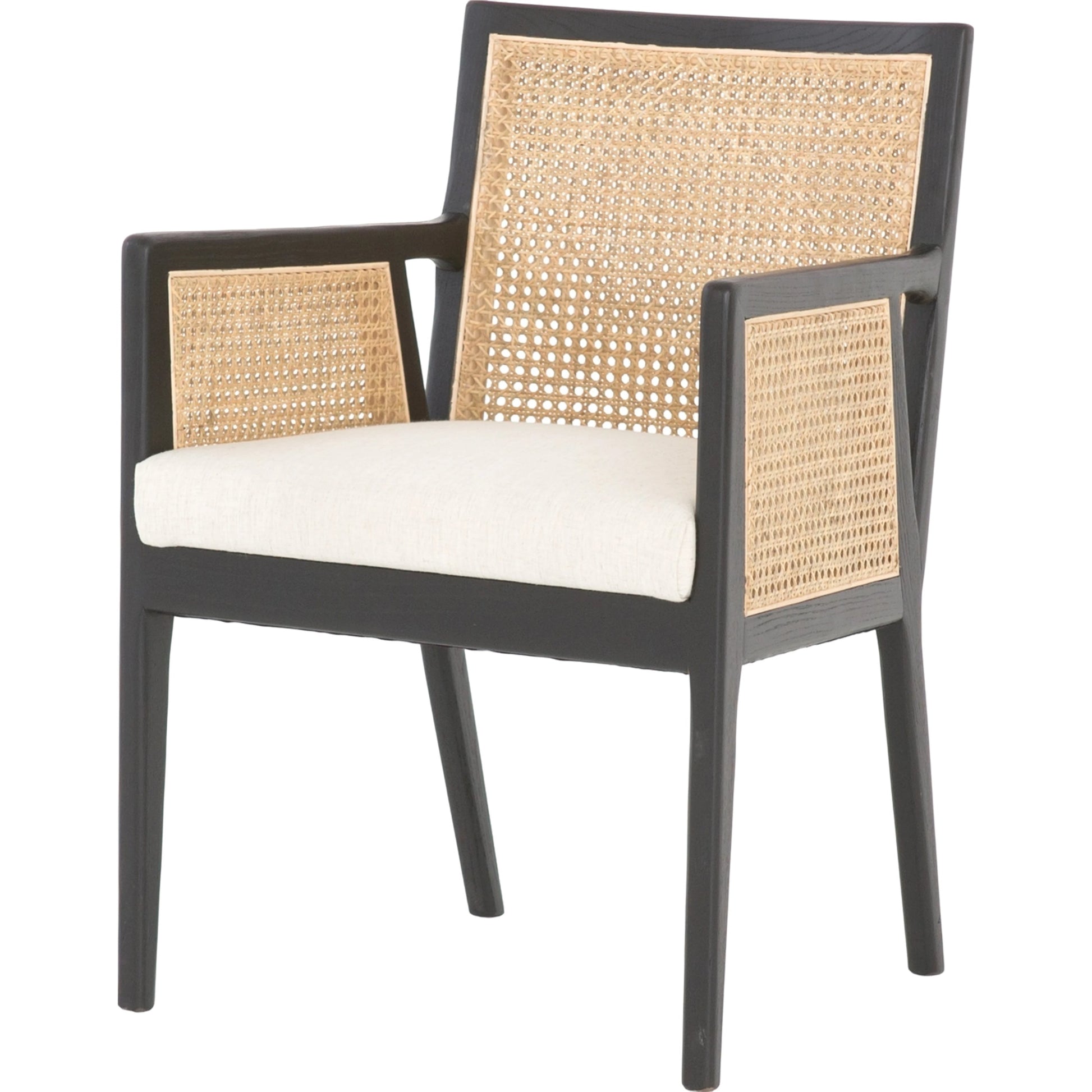 Antonia Cane Dining Armchair by Four Hands in light natural cane, brushed ebony, savile flax. Made from 92% polyester, 8% flax, linen, solid nettlewood, cane in a modern style.