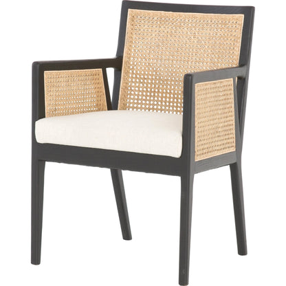 Antonia Cane Dining Armchair by Four Hands in light natural cane, brushed ebony, savile flax. Made from 92% polyester, 8% flax, linen, solid nettlewood, cane in a modern style.