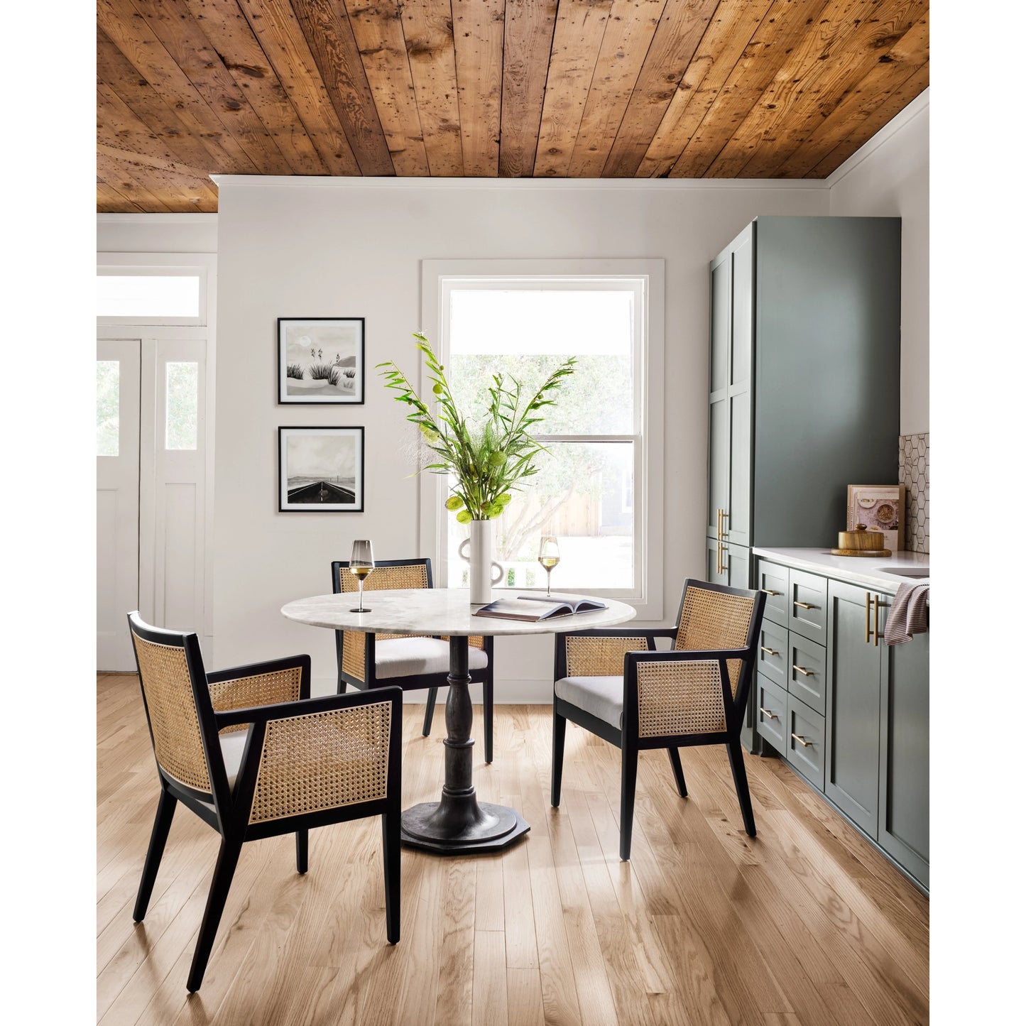 014 SI-1980070 | Lifestyle | Antonia Cane Dining Armchair by Four Hands in light natural cane, brushed ebony, savile flax. Made from 92% polyester, 8% flax, linen, solid nettlewood, cane in a modern style.