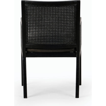 Antonia Cane Dining Armchair by Four Hands in light natural cane, brushed ebony, savile flax. Made from 92% polyester, 8% flax, linen, solid nettlewood, cane in a modern style.