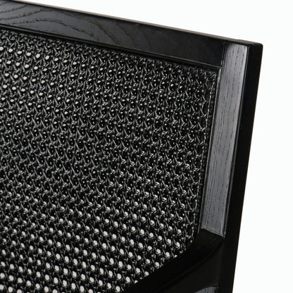 Antonia Cane Dining Armchair by Four Hands in light natural cane, brushed ebony, savile flax. Made from 92% polyester, 8% flax, linen, solid nettlewood, cane in a modern style.