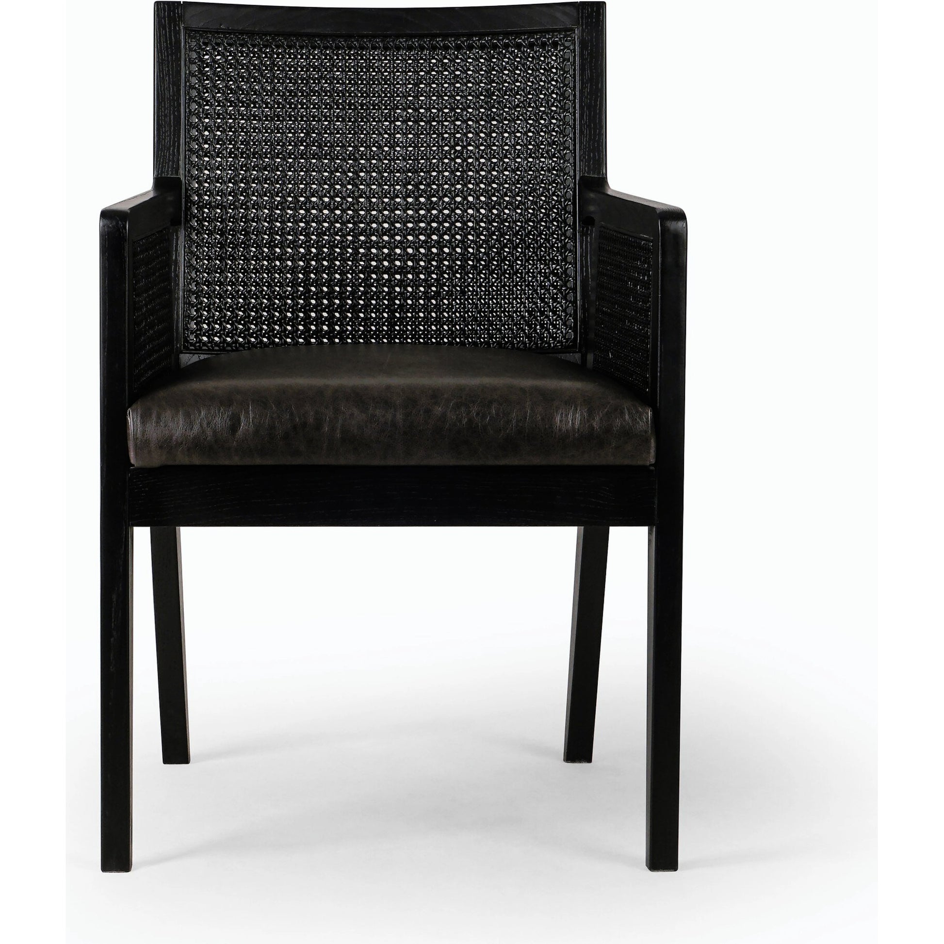 Antonia Cane Dining Armchair by Four Hands in light natural cane, brushed ebony, savile flax. Made from 92% polyester, 8% flax, linen, solid nettlewood, cane in a modern style.