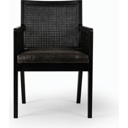 Antonia Cane Dining Armchair by Four Hands in light natural cane, brushed ebony, savile flax. Made from 92% polyester, 8% flax, linen, solid nettlewood, cane in a modern style.