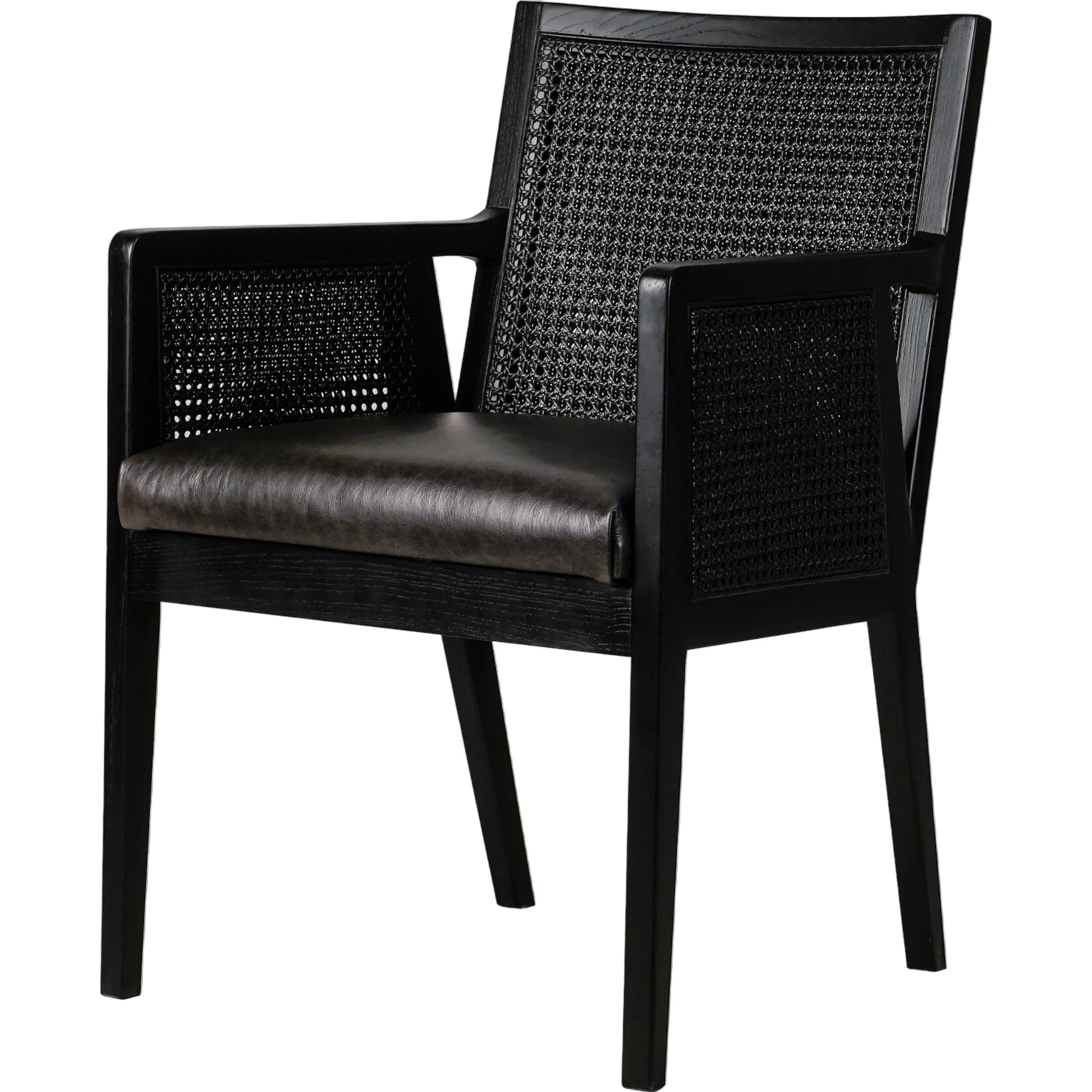 Antonia Cane Dining Armchair by Four Hands in light natural cane, brushed ebony, savile flax. Made from 92% polyester, 8% flax, linen, solid nettlewood, cane in a modern style.