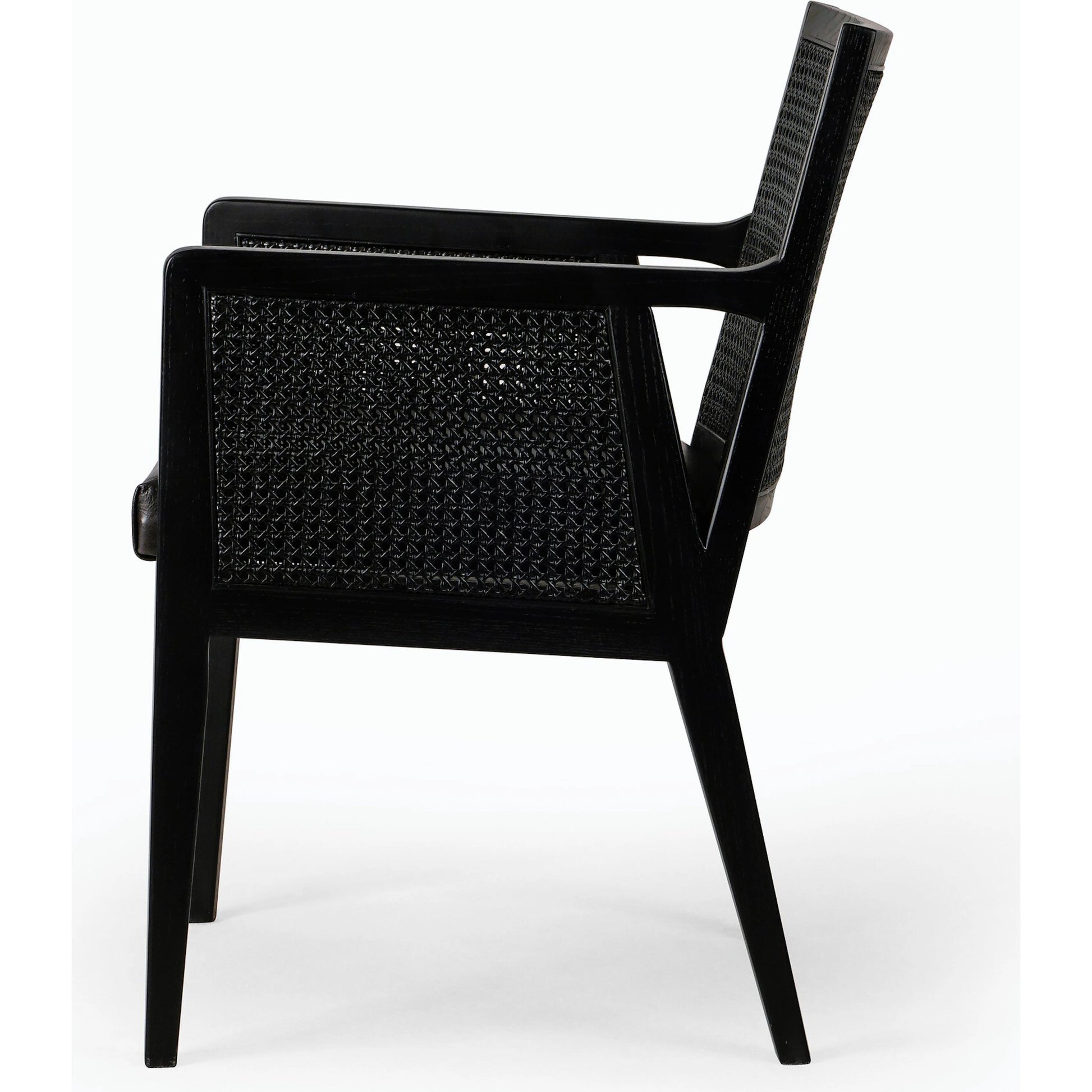 Antonia Cane Dining Armchair by Four Hands in light natural cane, brushed ebony, savile flax. Made from 92% polyester, 8% flax, linen, solid nettlewood, cane in a modern style.