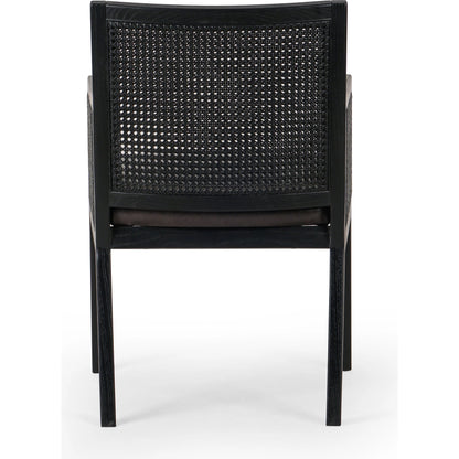 Antonia Cane Dining Armchair by Four Hands in light natural cane, brushed ebony, savile flax. Made from 92% polyester, 8% flax, linen, solid nettlewood, cane in a modern style.