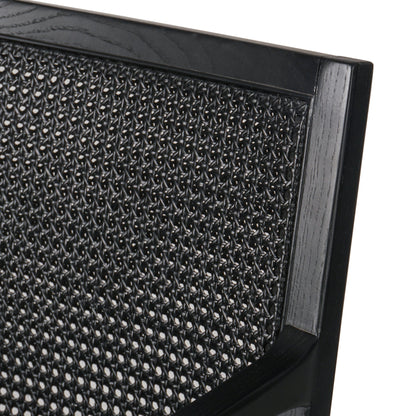 Antonia Cane Dining Armchair by Four Hands in light natural cane, brushed ebony, savile flax. Made from 92% polyester, 8% flax, linen, solid nettlewood, cane in a modern style.