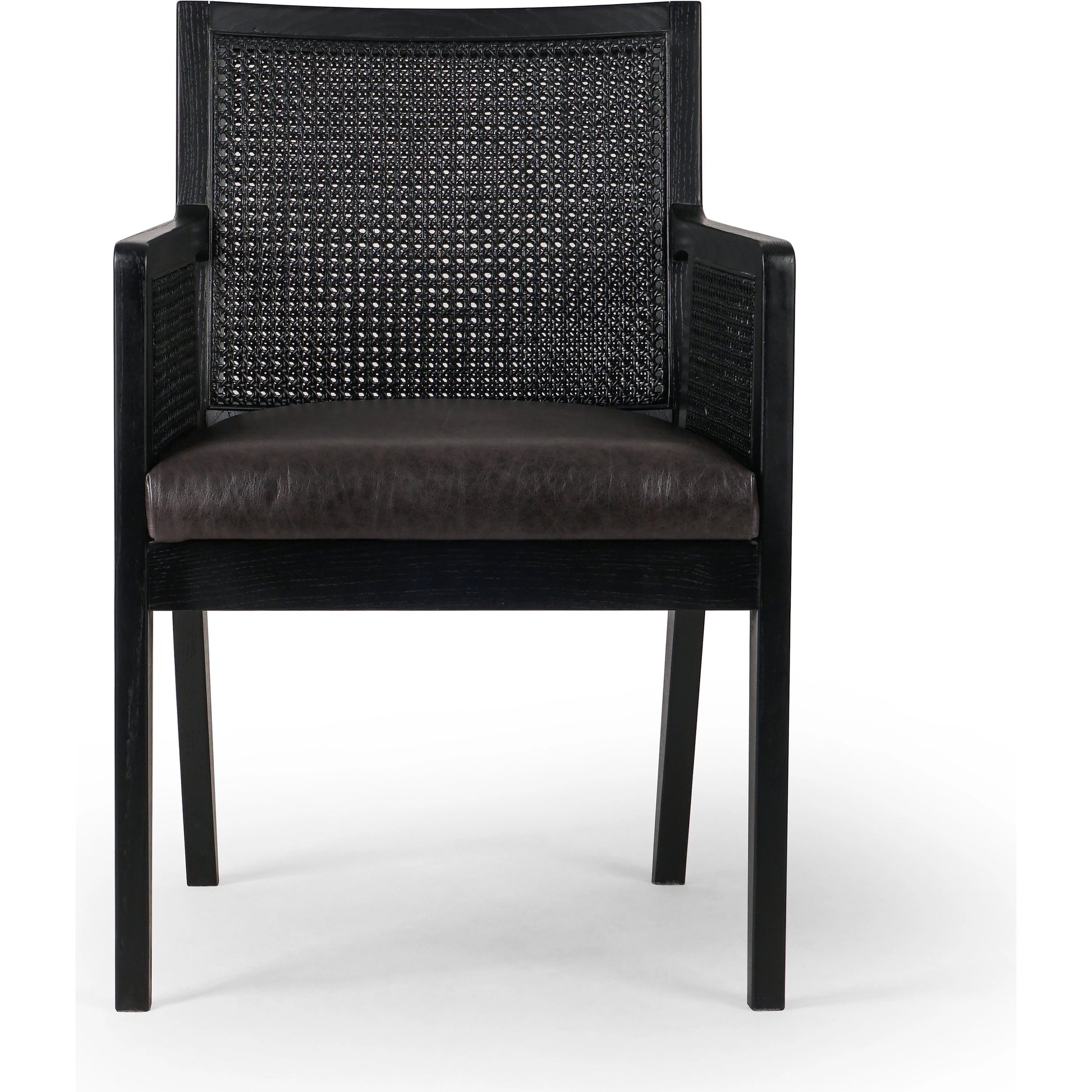 Antonia Cane Dining Armchair by Four Hands in light natural cane, brushed ebony, savile flax. Made from 92% polyester, 8% flax, linen, solid nettlewood, cane in a modern style.