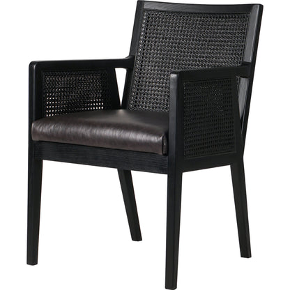 Antonia Cane Dining Armchair by Four Hands in light natural cane, brushed ebony, savile flax. Made from 92% polyester, 8% flax, linen, solid nettlewood, cane in a modern style.