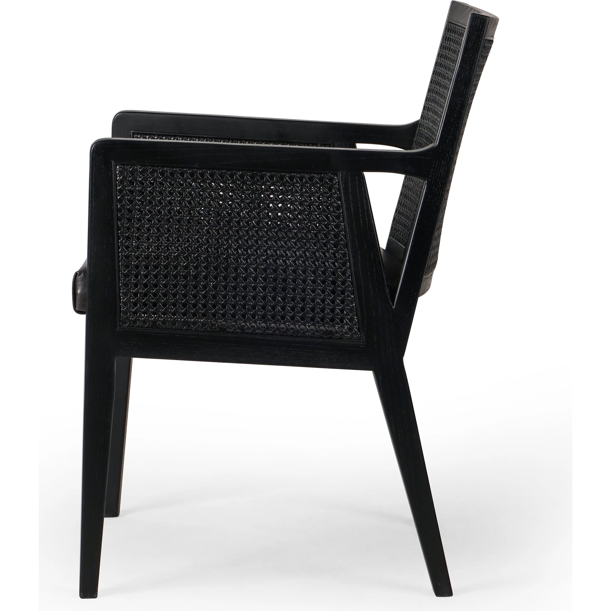 Antonia Cane Dining Armchair by Four Hands in light natural cane, brushed ebony, savile flax. Made from 92% polyester, 8% flax, linen, solid nettlewood, cane in a modern style.