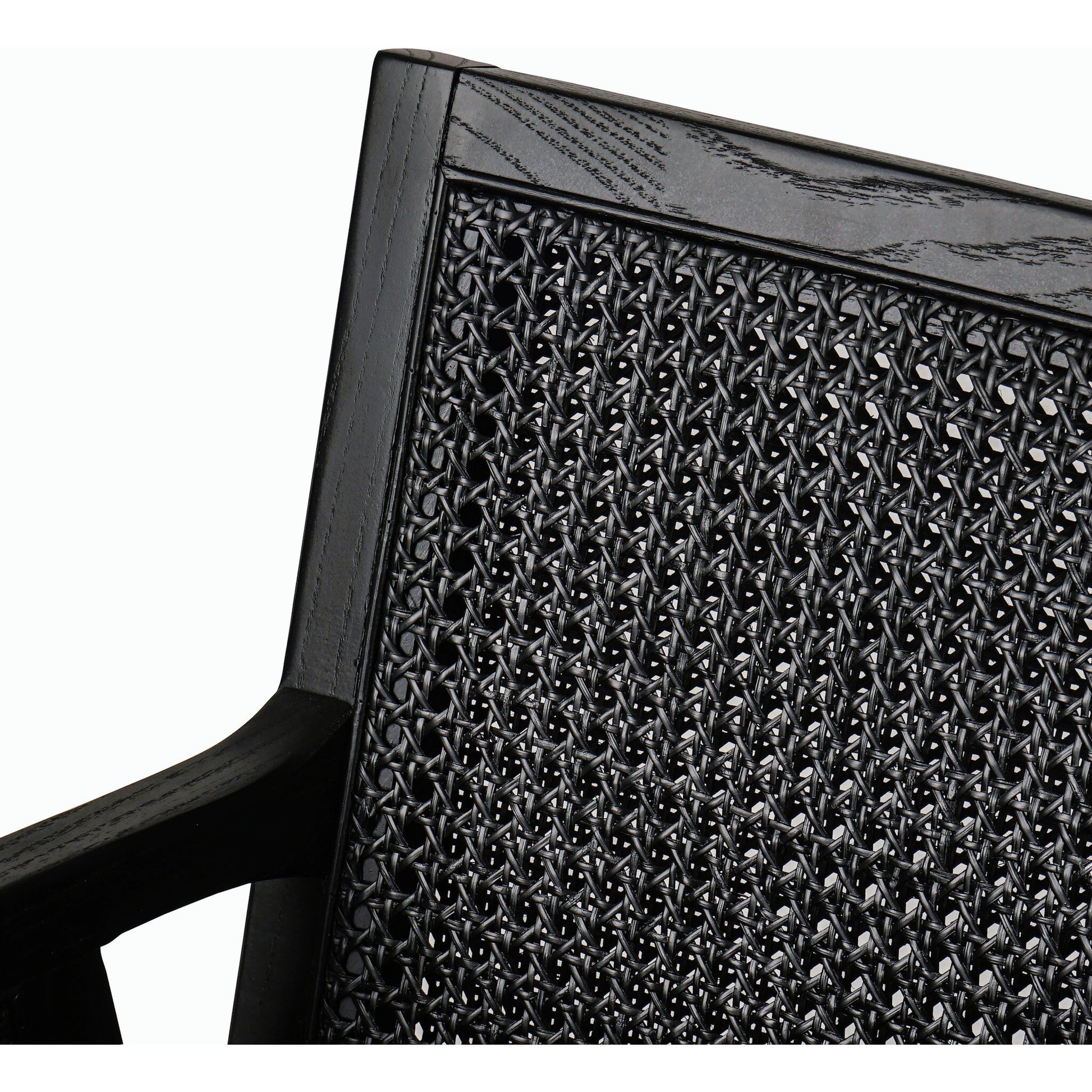 Antonia Cane Dining Armchair by Four Hands in light natural cane, brushed ebony, savile flax. Made from 92% polyester, 8% flax, linen, solid nettlewood, cane in a modern style.