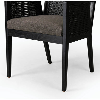 Antonia Cane Dining Armchair by Four Hands in light natural cane, brushed ebony, savile flax. Made from 92% polyester, 8% flax, linen, solid nettlewood, cane in a modern style.