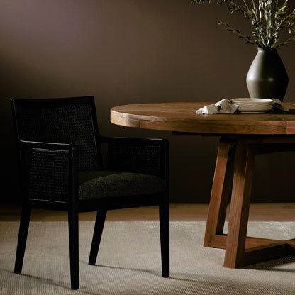 Antonia Cane Dining Armchair by Four Hands in light natural cane, brushed ebony, savile flax. Made from 92% polyester, 8% flax, linen, solid nettlewood, cane in a modern style.