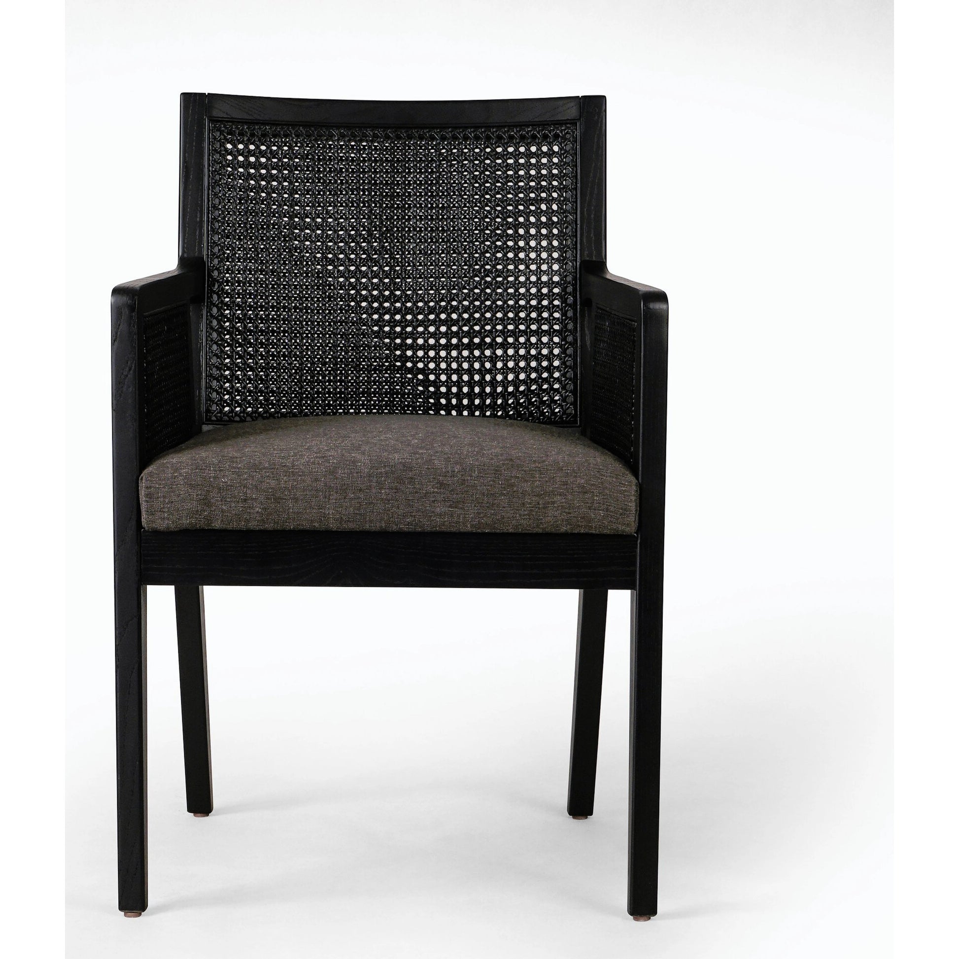 Antonia Cane Dining Armchair by Four Hands in light natural cane, brushed ebony, savile flax. Made from 92% polyester, 8% flax, linen, solid nettlewood, cane in a modern style.