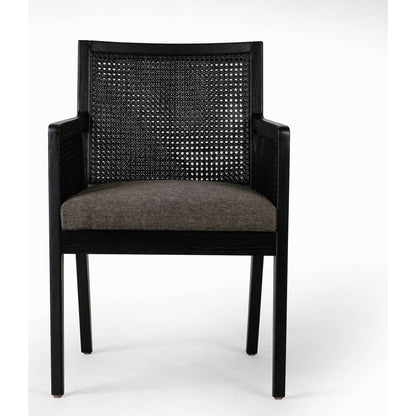 Antonia Cane Dining Armchair by Four Hands in light natural cane, brushed ebony, savile flax. Made from 92% polyester, 8% flax, linen, solid nettlewood, cane in a modern style.