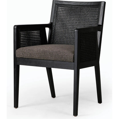 Antonia Cane Dining Armchair by Four Hands in light natural cane, brushed ebony, savile flax. Made from 92% polyester, 8% flax, linen, solid nettlewood, cane in a modern style.