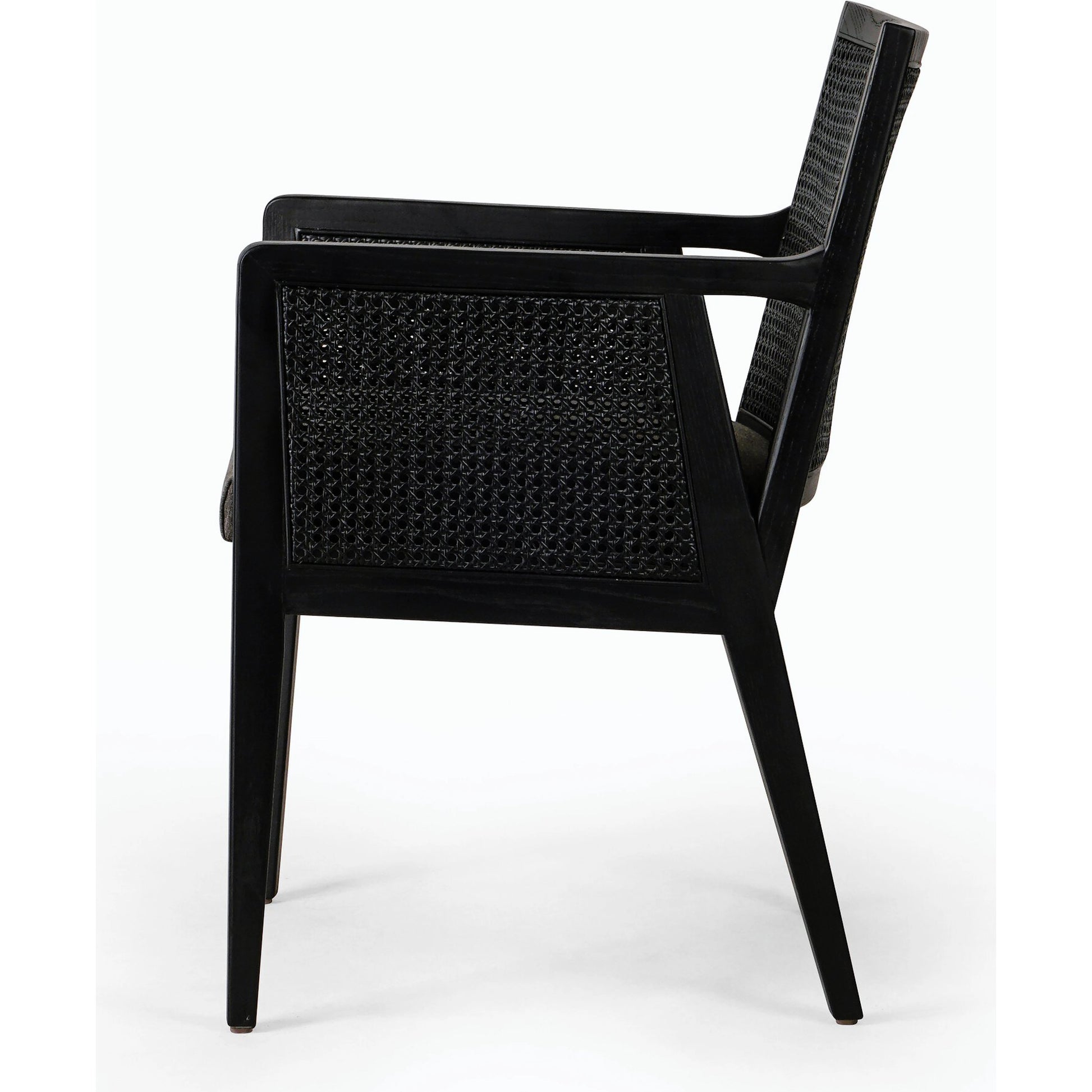 Antonia Cane Dining Armchair by Four Hands in light natural cane, brushed ebony, savile flax. Made from 92% polyester, 8% flax, linen, solid nettlewood, cane in a modern style.