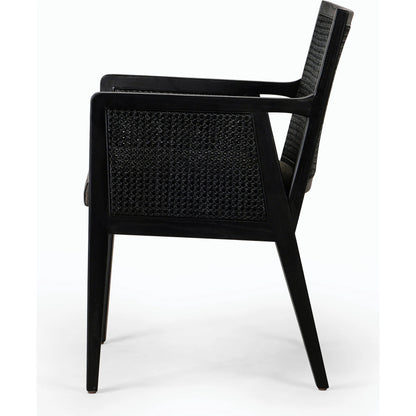 Antonia Cane Dining Armchair by Four Hands in light natural cane, brushed ebony, savile flax. Made from 92% polyester, 8% flax, linen, solid nettlewood, cane in a modern style.