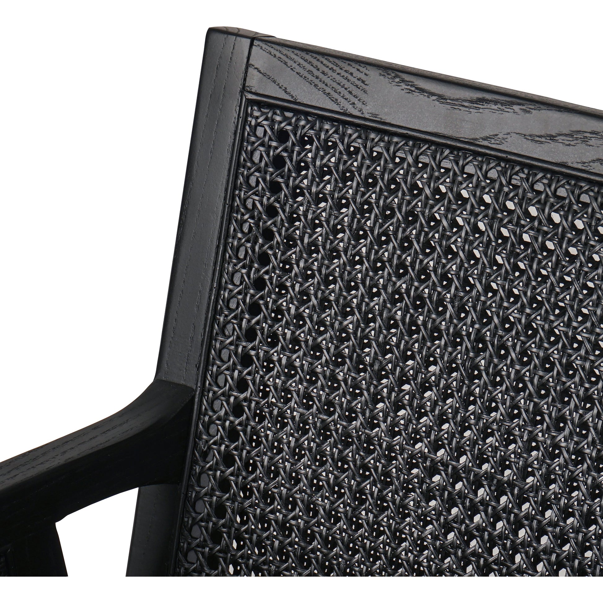 Antonia Cane Dining Armchair by Four Hands in light natural cane, brushed ebony, savile flax. Made from 92% polyester, 8% flax, linen, solid nettlewood, cane in a modern style.