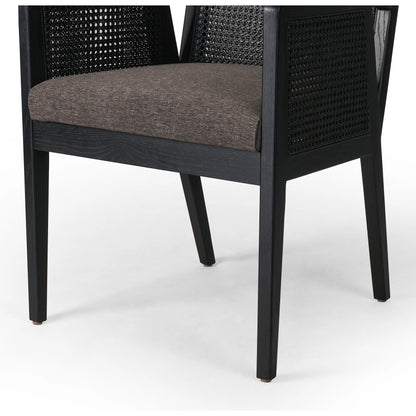 Antonia Cane Dining Armchair by Four Hands in light natural cane, brushed ebony, savile flax. Made from 92% polyester, 8% flax, linen, solid nettlewood, cane in a modern style.