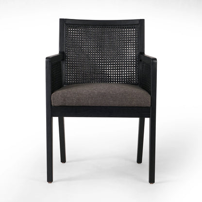 Antonia Cane Dining Armchair by Four Hands in light natural cane, brushed ebony, savile flax. Made from 92% polyester, 8% flax, linen, solid nettlewood, cane in a modern style.