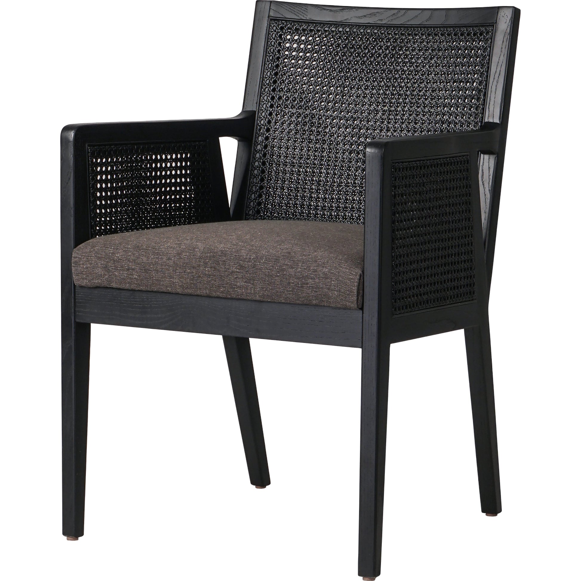 Antonia Cane Dining Armchair by Four Hands in light natural cane, brushed ebony, savile flax. Made from 92% polyester, 8% flax, linen, solid nettlewood, cane in a modern style.