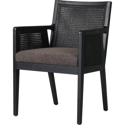 Antonia Cane Dining Armchair by Four Hands in light natural cane, brushed ebony, savile flax. Made from 92% polyester, 8% flax, linen, solid nettlewood, cane in a modern style.