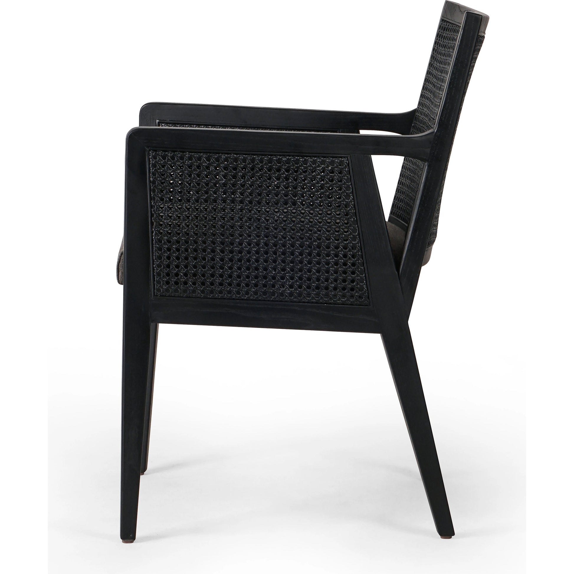 Antonia Cane Dining Armchair by Four Hands in light natural cane, brushed ebony, savile flax. Made from 92% polyester, 8% flax, linen, solid nettlewood, cane in a modern style.