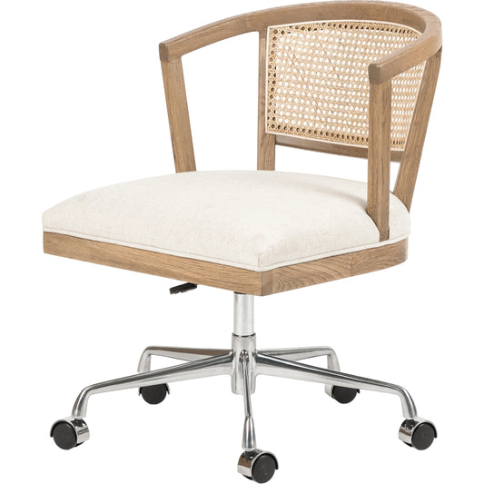 Alexa Desk Chair by Four Hands in savile flax, nickel, natural cane. Made from 92% polyester, 8% flax linen, solid nettlewood, aluminum in a modern style.